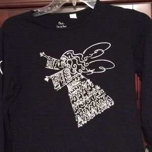 Chicos light weight long sleeve stretch shirt, Christmas holiday angel, S